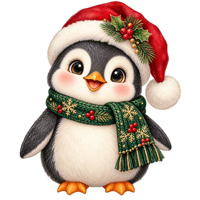 Christmas Penguin watercolor illustration on transparent background