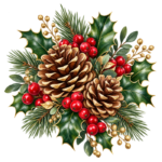 Pinecones and Holly watercolor illustration on transparent background