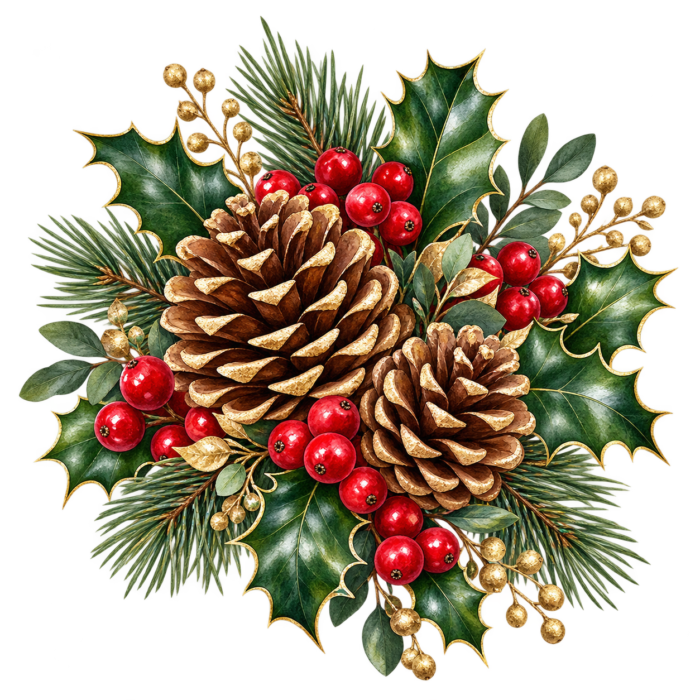Pinecones and Holly watercolor illustration on transparent background