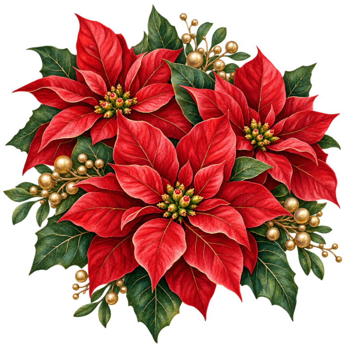 Red Poinsettia Flowers watercolor illustration on transparent background