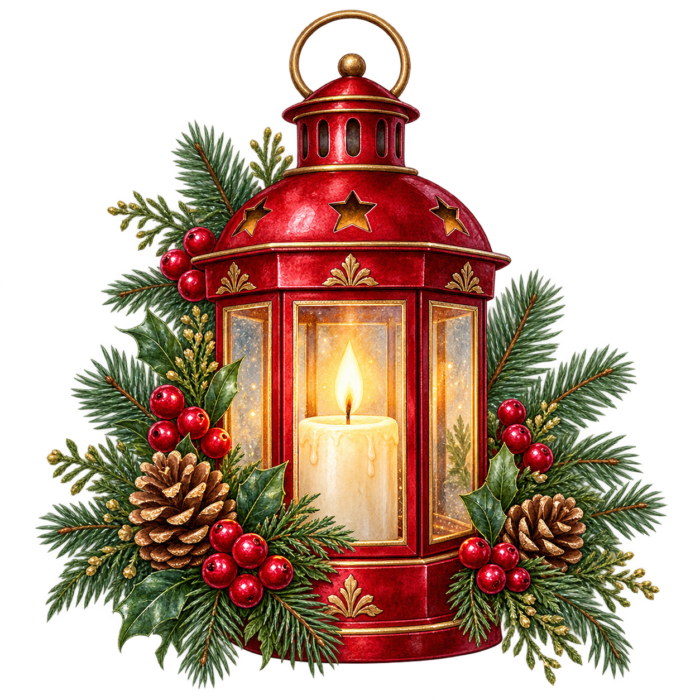 Christmas Candle Lantern watercolor illustration on transparent background