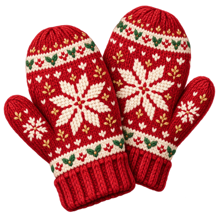 Red Snowflake Mittens watercolor illustration on transparent background