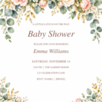 Blush Rose Baby Shower Invitation with elegant sample text and floral, watercolor artwork