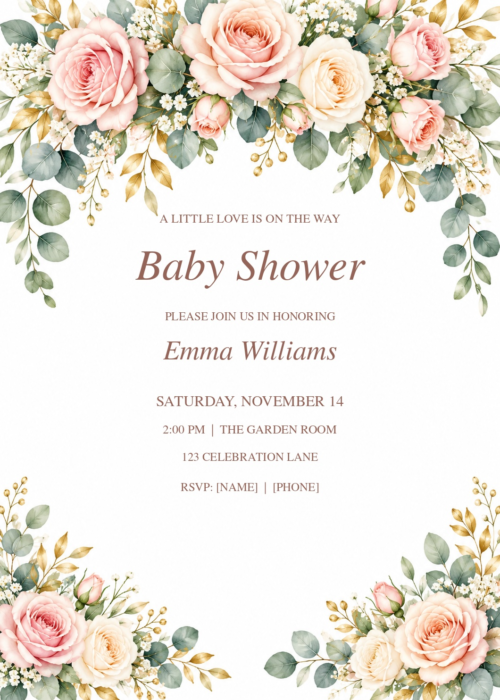 Blush Rose Baby Shower Invitation with elegant sample text and floral, watercolor artwork