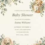 Sage Nursery Baby Shower Invitation with elegant sample text and nursery, teddy bear, watercolor artwork