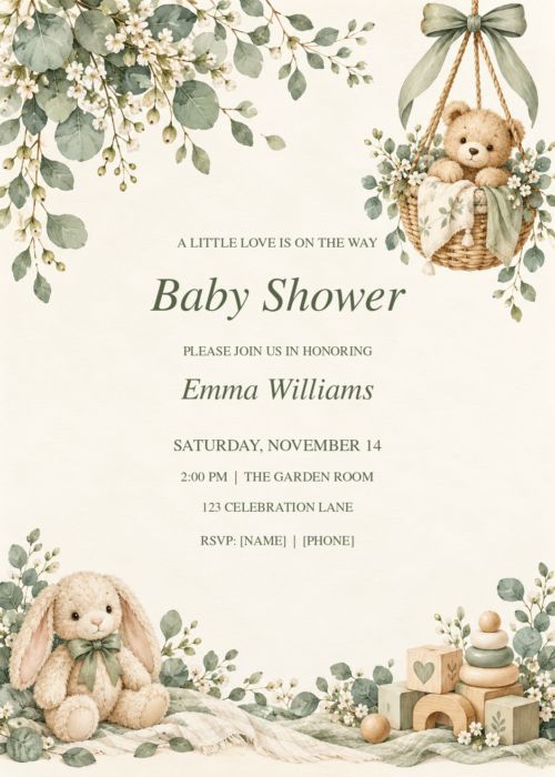 Sage Nursery Baby Shower Invitation with elegant sample text and nursery, teddy bear, watercolor artwork