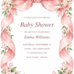 Pink Bow Baby Shower Invitation with elegant sample text and bow, coquette, floral artwork