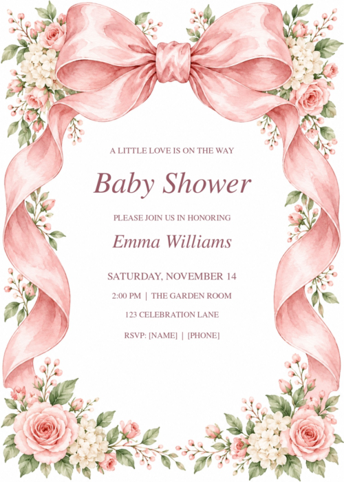 Pink Bow Baby Shower Invitation with elegant sample text and bow, coquette, floral artwork