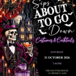 Sips About to Go Down - Black Gothic invitation with illustrated Halloween artwork and sample party details
