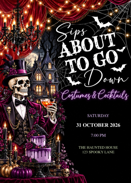 Sips About to Go Down - Black Gothic invitation with illustrated Halloween artwork and sample party details