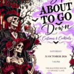 Sips About to Go Down - Lavender Gothic invitation with illustrated Halloween artwork and sample party details