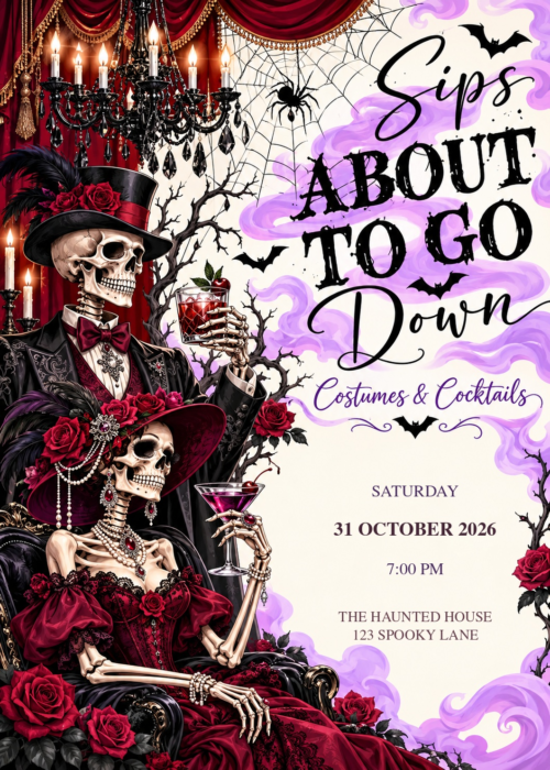 Sips About to Go Down - Lavender Gothic invitation with illustrated Halloween artwork and sample party details