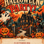 Vintage Haunted House Halloween Party invitation with illustrated Halloween artwork and sample party details