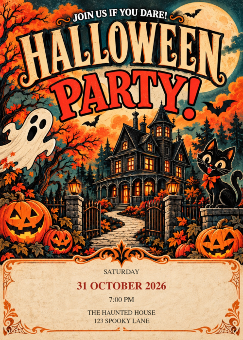 Vintage Haunted House Halloween Party invitation with illustrated Halloween artwork and sample party details