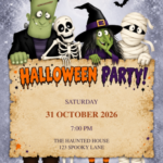 Monster Crew Halloween Party invitation with illustrated Halloween artwork and sample party details
