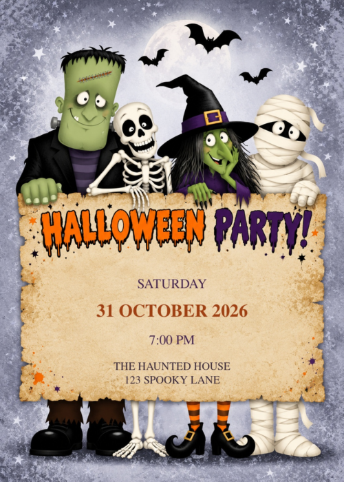 Monster Crew Halloween Party invitation with illustrated Halloween artwork and sample party details