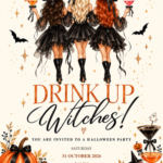 Drink Up Witches Halloween Party invitation with illustrated Halloween artwork and sample party details