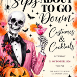 Sips About to Go Down - Pink Martini invitation with illustrated Halloween artwork and sample party details