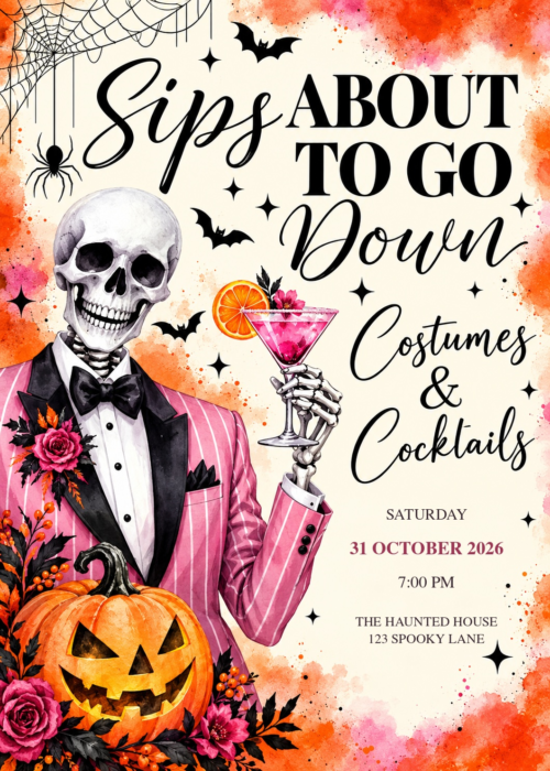 Sips About to Go Down - Pink Martini invitation with illustrated Halloween artwork and sample party details