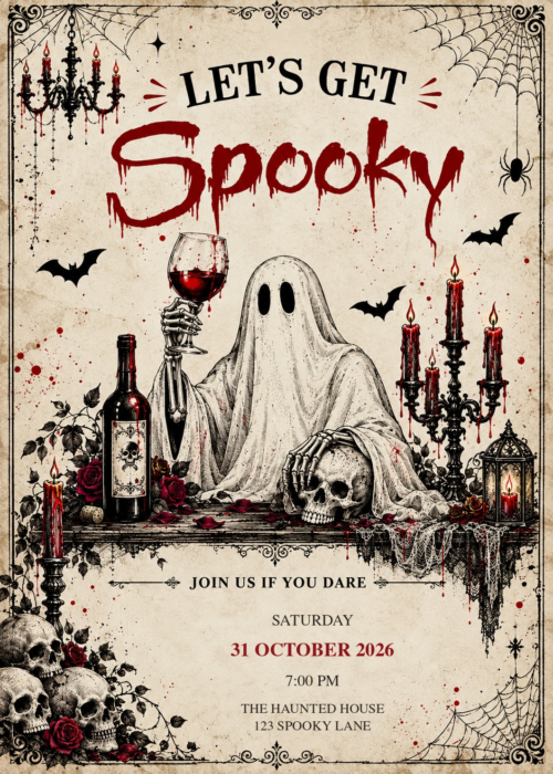 Lets Get Spooky Gothic Halloween Party invitation with illustrated Halloween artwork and sample party details