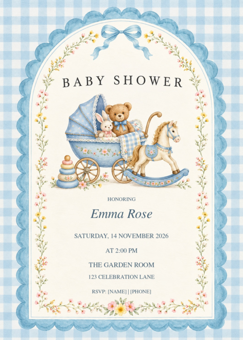 Blue Gingham Pram Baby Shower with decorative artwork and editable sample details