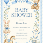 Blue Coquette Bow Nursery Baby Shower with decorative artwork and editable sample details