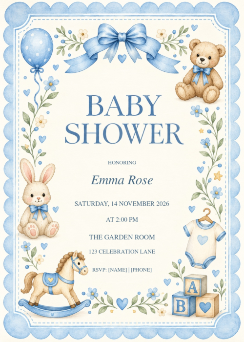 Blue Coquette Bow Nursery Baby Shower with decorative artwork and editable sample details