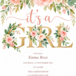 Its a Girl Floral Baby Shower with decorative artwork and editable sample details