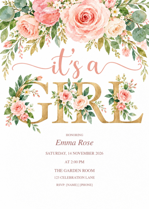 Its a Girl Floral Baby Shower with decorative artwork and editable sample details