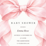 Pink Satin Coquette Bow Baby Shower with decorative artwork and editable sample details