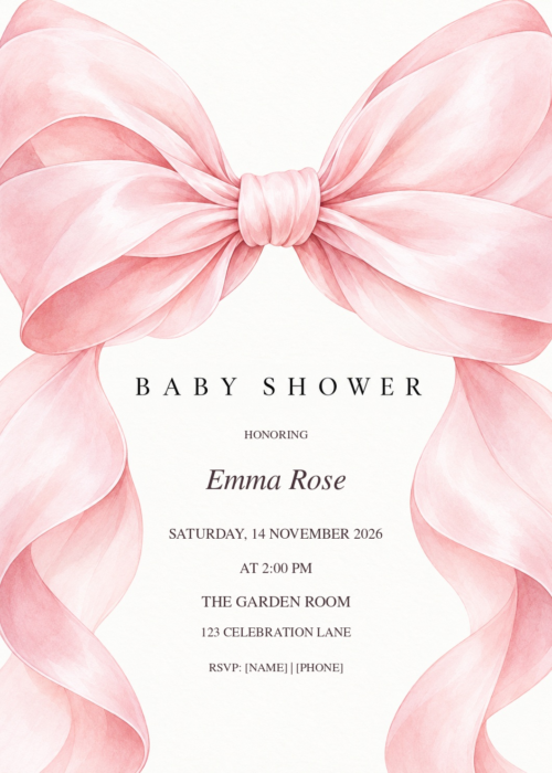 Pink Satin Coquette Bow Baby Shower with decorative artwork and editable sample details