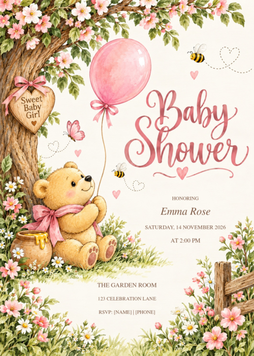 Sweet Honey Bear Girl Baby Shower with decorative artwork and editable sample details
