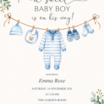 A Sweet Baby Boy Clothesline Shower with decorative artwork and editable sample details