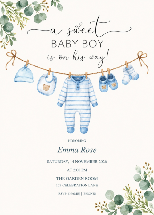 A Sweet Baby Boy Clothesline Shower with decorative artwork and editable sample details