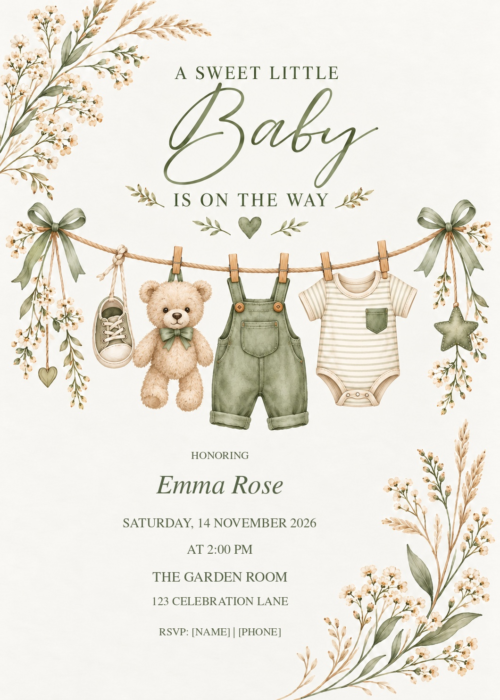 Sage Sweet Little Baby Shower with decorative artwork and editable sample details