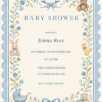 Blue Heirloom Nursery Baby Shower with decorative artwork and editable sample details