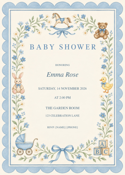 Blue Heirloom Nursery Baby Shower with decorative artwork and editable sample details
