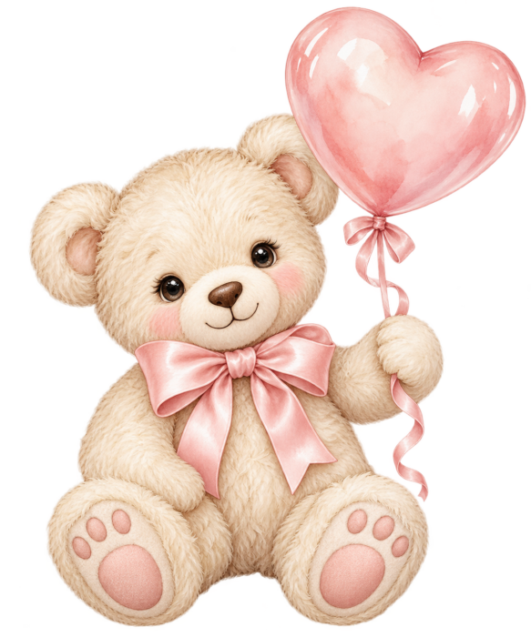 Teddy Heart Balloon pink watercolor baby girl shower clipart