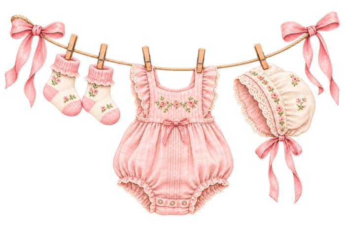 Baby Girl Clothesline pink watercolor baby girl shower clipart