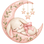 Bunny Crescent Moon pink watercolor baby girl shower clipart