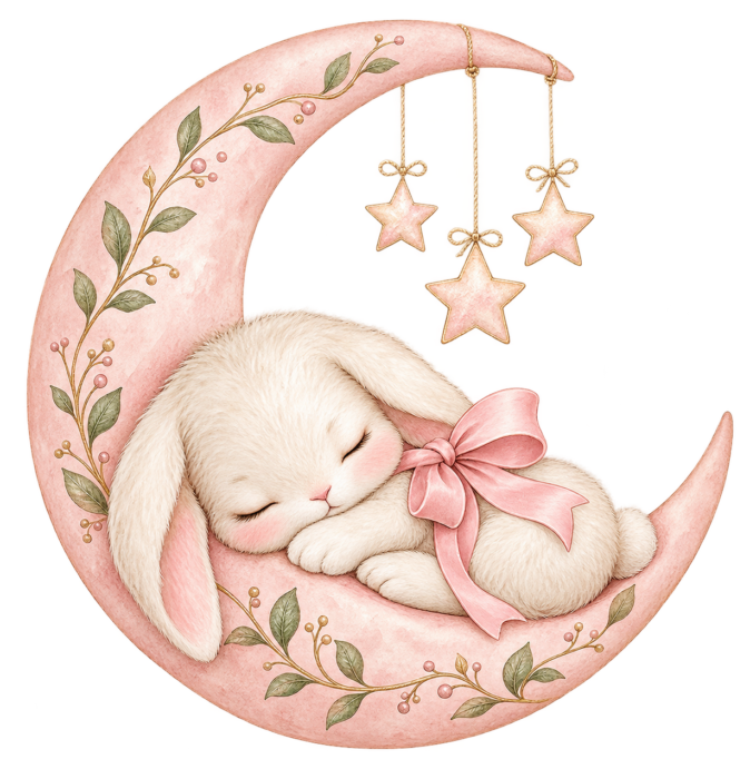 Bunny Crescent Moon pink watercolor baby girl shower clipart