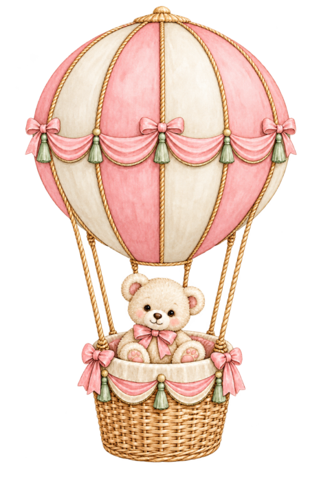 Pink Teddy Hot Air Balloon pink watercolor baby girl shower clipart