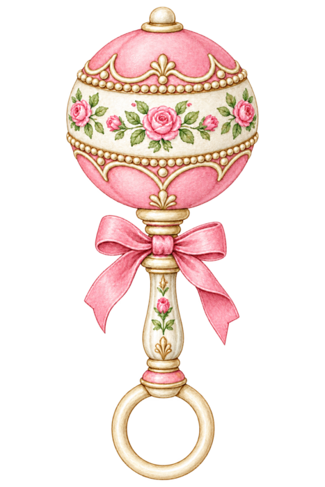 Pink Vintage Baby Rattle pink watercolor baby girl shower clipart