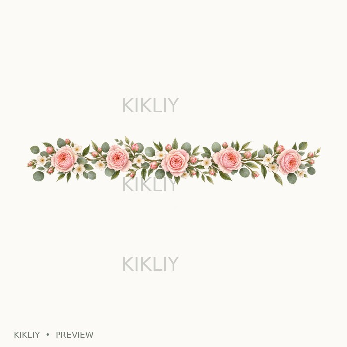 Straight Horizontal Vine in watercolor blush pink roses, ivory flowers and sage leaves, isolated on a transparent background.