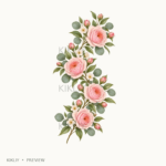 Vertical Floral Vine in watercolor blush pink roses, ivory flowers and sage leaves, isolated on a transparent background.