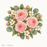 Small Floral Bunch in watercolor blush pink roses, ivory flowers and sage leaves, isolated on a transparent background.