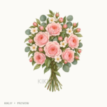 Stemmed Rose Bouquet in watercolor blush pink roses, ivory flowers and sage leaves, isolated on a transparent background.