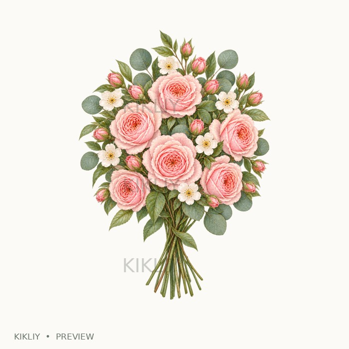 Stemmed Rose Bouquet in watercolor blush pink roses, ivory flowers and sage leaves, isolated on a transparent background.