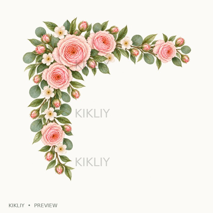 Top Left Corner Border in watercolor blush pink roses, ivory flowers and sage leaves, isolated on a transparent background.