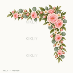 Top Right Corner Border in watercolor blush pink roses, ivory flowers and sage leaves, isolated on a transparent background.